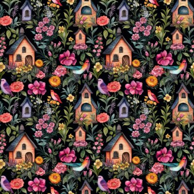 Birdhouse Black Cotton Fabric