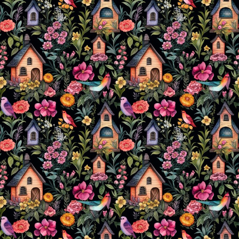 Birdhouse Black Cotton Fabric